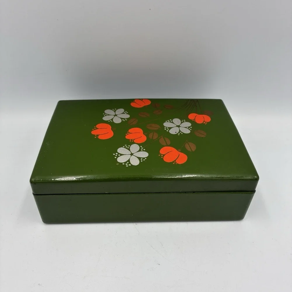 Vintage Hand Painted Red Velvet Lined Jewelry Box Keepsake Box Floral